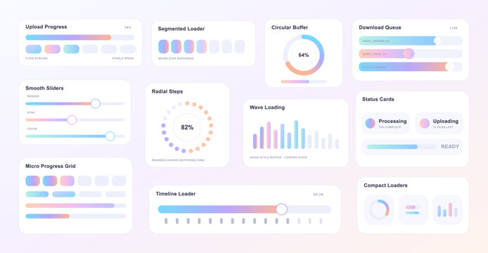 Pastel Progress Loader UI Components Collection. Soft pastel UI kit featuring upload progress bars, segmented loaders, circular buffers, sliders, download queues, status cards. Vector set UI, UX