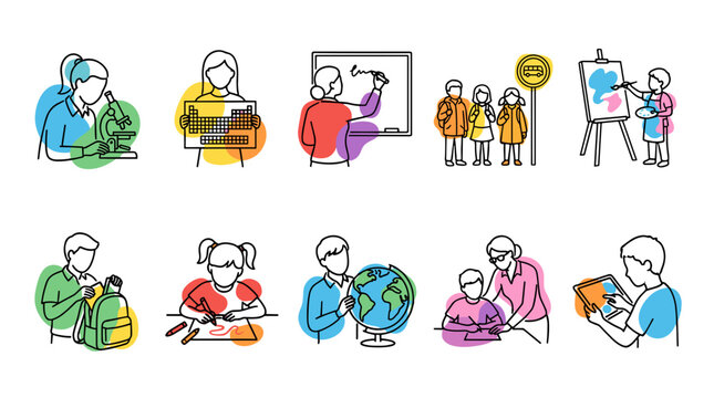 Collection of diverse children and teacher engaging in classroom activities
