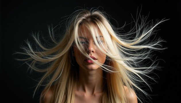 Blond woman with long hair blowing wildly on dark background. Her face is partially obscured by strands as if caught in wind or static charge. Represents chaos.