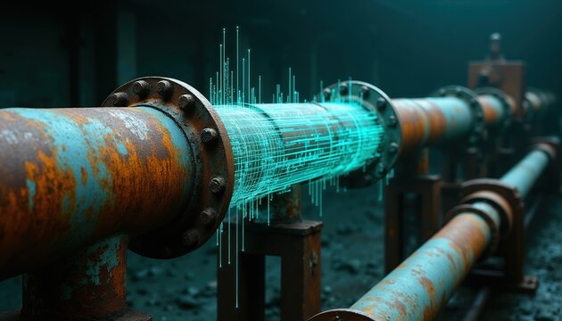 Rusted industrial pipeline with glowing digital data overlay. Shows smart monitoring tech on old infrastructure for leak detection and data analysis.