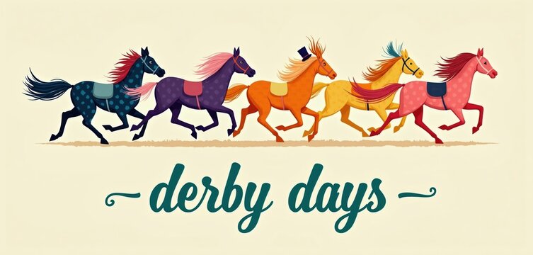Group of colorful horses with flowing manes trot across field. They wear ornate saddles and some have fancy hats. Text reads Derby Days. Festive event illustration.