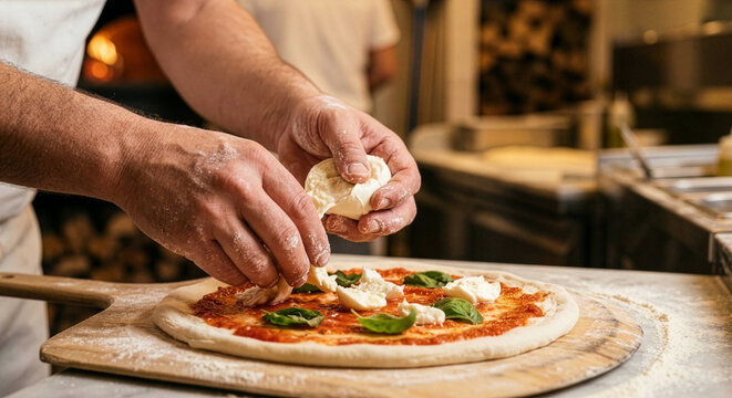 AI-generated pizza making process with dough base tomato sauce fresh basil mozzarella before baking traditional Margherita pizza from Naples 1889