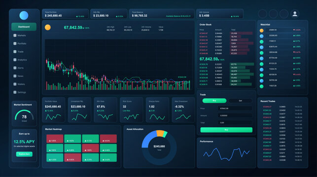 Dark Crypto Trading Exchange Dashboard Interface. A stock market trading platform offering a variety of stocks and cryptocurrencies. Vector UI  fintech dashboard showing crypto trading charts. 