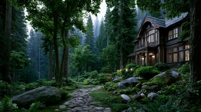 Distant view of a serene forest with a luxurious, mystical, storied dwelling on the right with a rustic wooden exterior and lights on in the dwelling