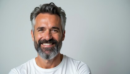 Obraz premium Mature man with grey hair and beard smiles. He wears white t-shirt, looking confident. Casual portrait shot against plain background. Copy space for text.