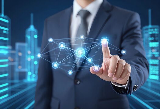 close-up of businessman in immersive AI environment, dynamic virtual energy connections and abstract big data architecture surrounding subject.