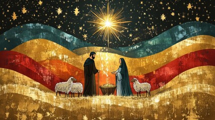 Fototapeta premium Man and woman in nativity scene under Christmas star. Religious illustration of birth of Jesus Christ. Spiritual worship art concept for holiday.