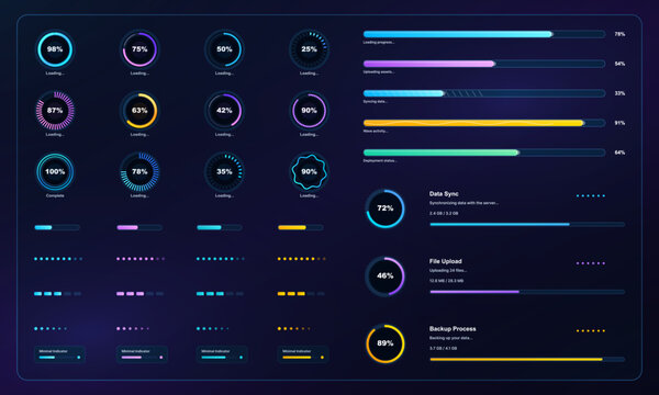 Dark Neon Loading Progress UI Components Set. Dark futuristic UI kit featuring circular loading indicators, progress bars, data sync, file upload, backup process, minimal status dots. Vector set