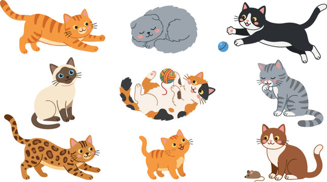 Cute Cartoon Cat Collection Vector Illustration Set with Playful and Sleeping Domestic Cats
