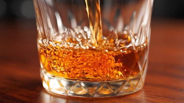 Close up of amber liquid being poured into a crystal glass.