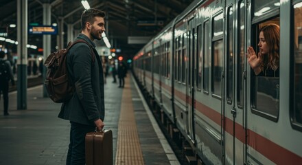 Fototapeta premium A man holding a suitcase and looking at a woman waving from a train window at a dark station. Journey and travel.