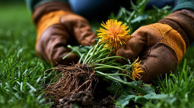 Gloved hands pull a vibrant yellow dandelion plant with visible roots out of the green grass in a sunny garden setting during a daytime landscaping project