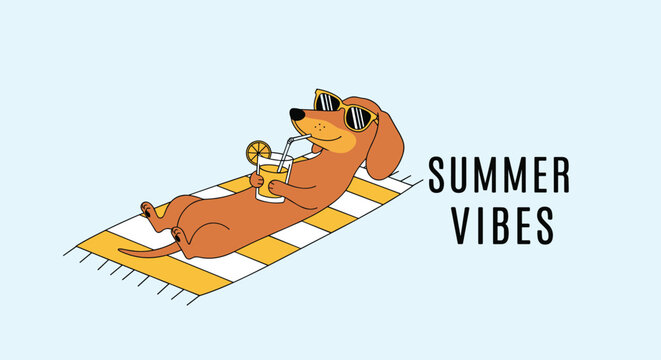 Dachshund dog relaxing on a striped beach towel with sunglasses and a cold drink under summer vibes text banner.