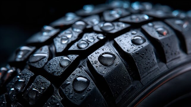Extreme close-up of a dark aggressive tire tread covered in glistening water droplets emphasizing texture and grip in wet conditions