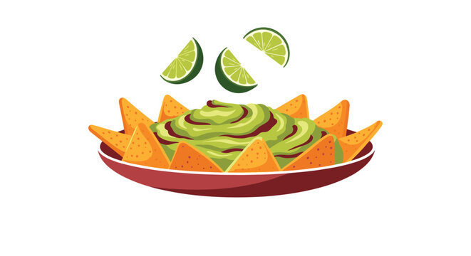 Appetizing plate of corn nachos served with creamy green guacamole dip and fresh lime wedges on the side.