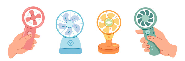 Mini fan set portable handheld cooler device collection summer cooling equipment electric ventilators desktop electronics tech gadget variety vector illustration © oksanagrytsyuk