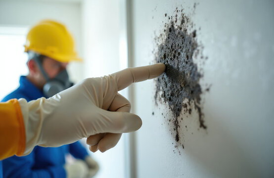 Inspector in gas mask and hard hat points to dark mold on wall. Gloves protect hand from fungal growth. Indoor air quality check for moisture damage and contamination.