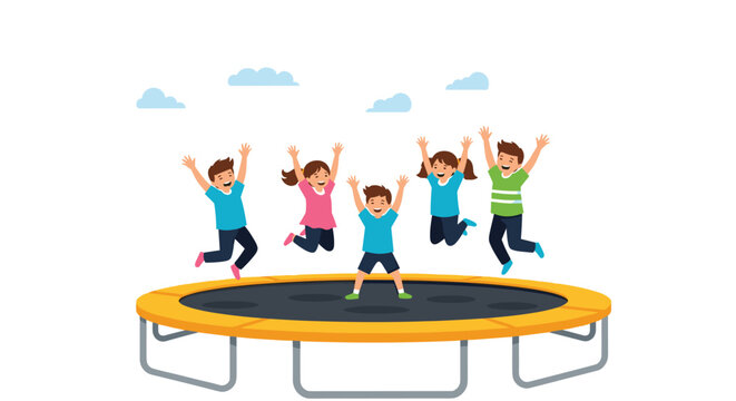 Group of happy diverse children jumping and playing with excitement on an outdoor trampoline under a blue sky with fluffy clouds.