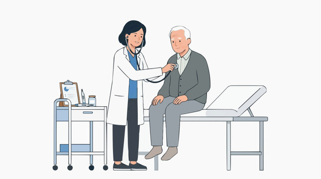 Female doctor with stethoscope examining elderly male patient sitting on examination table in clinic