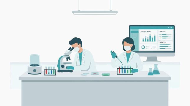 Scientists in a modern laboratory conducting research with microscopes test tubes and computer analysis of clinical data