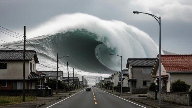 Massive tsunami wave engulfs coastal town, threatening homes and streets