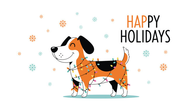 Happy brown and white dog tangled in colorful Christmas lights with snowflakes and the text happy holidays above.