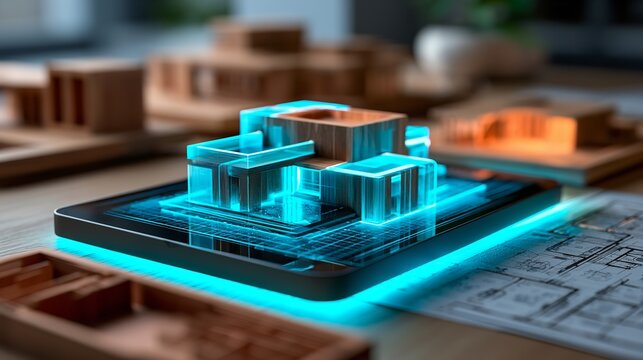 A miniature wooden house model rests on a digital tablet displaying glowing blue architectural schematics on a wooden table with paper blueprints in the background