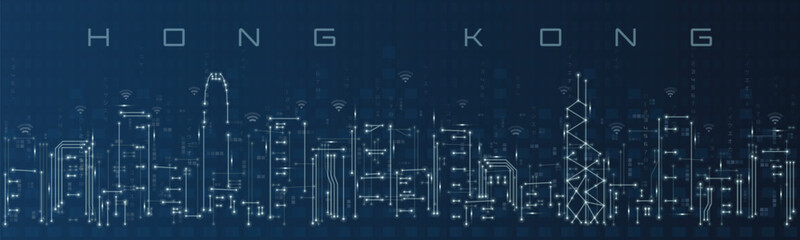 Naklejka premium Hong Kong Smart City Skyline Vector in Circuit Board Style Futuristic Technology Background
