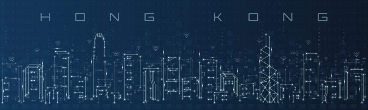 Hong Kong Smart City Skyline Vector in Circuit Board Style Futuristic Technology Background