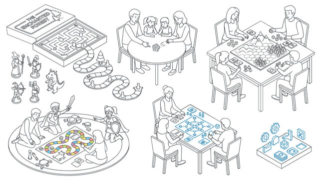 Family and friends playing board games at home isometric line art set.