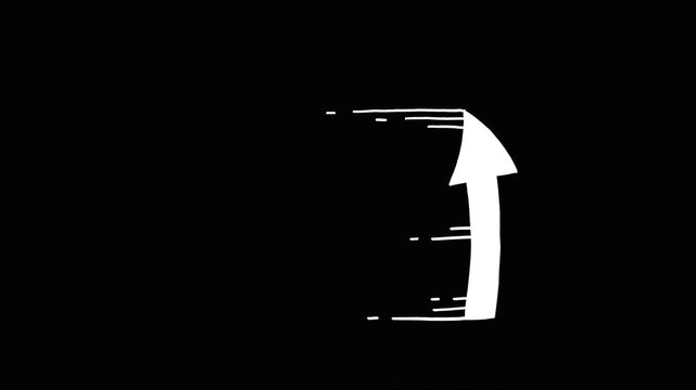 A minimalist hand-drawn animation of a bold white arrow flying in a curved arc path from left to right. Alpha channel.
