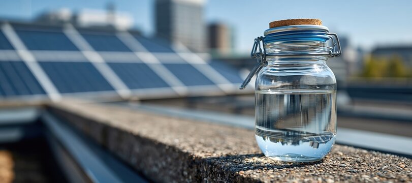 Savings jar on rooftop ledge with solar panels and cityscape in background