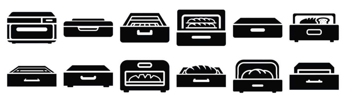 Minimalist bread warming drawer silhouette icon set. Collection of Kitchen silhouette vector icons illustration.