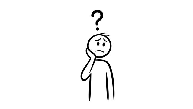 Pensive stick figure man leaning on his hand with a question mark above his head, deep in thought or experiencing confusion, isolated white background.