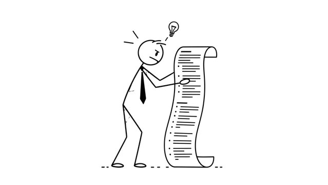 Stick figure man getting a brilliant idea or solution while reading a long document or to-do list, lightbulb moment above his head, isolated white background.