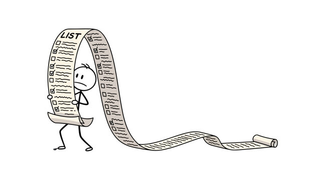 Stick figure man attentively holding and reading a very long, scrolled to-do list or document, indicating a busy schedule, isolated white background.