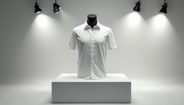 White short sleeve button up shirt on black mannequin torso. Placed on white cube pedestal under studio spotlights. Clean minimalist fashion product display.