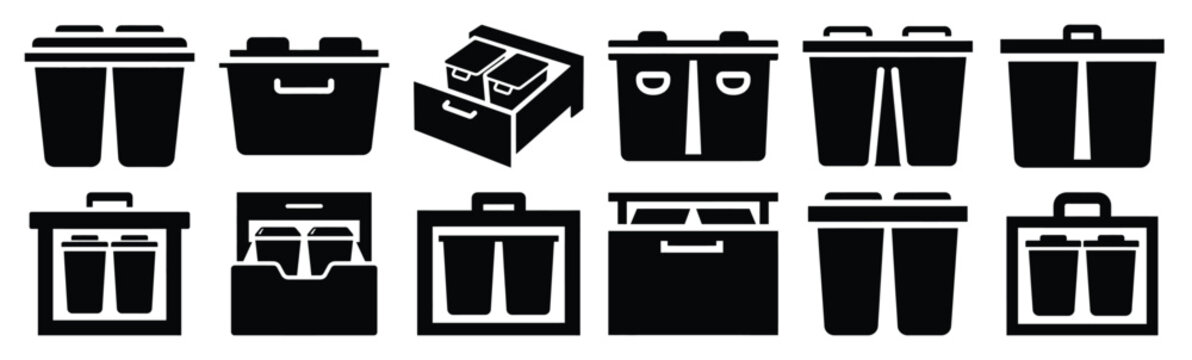Minimalist double trash bin drawer silhouette icon set. Collection of Kitchen silhouette vector icons illustration.
