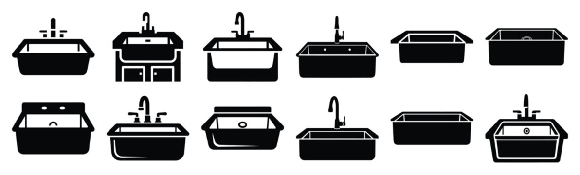 Minimalist farmhouse sink silhouette simple silhouette icon set. Collection of Kitchen silhouette vector icons illustration.