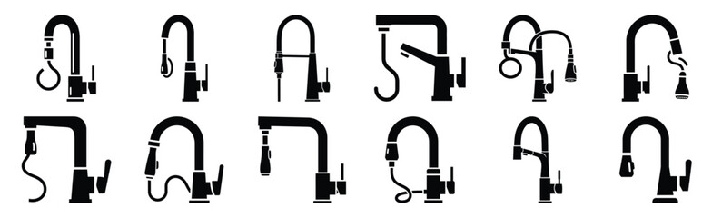 Minimalist pull down kitchen faucet silhouette icon set. Collection of Kitchen silhouette vector icons illustration. © KartikChandro