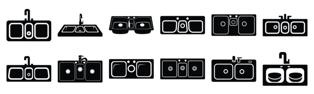 Minimalist kitchen sink triple bowl silhouette icon set. Collection of Kitchen silhouette vector icons illustration.