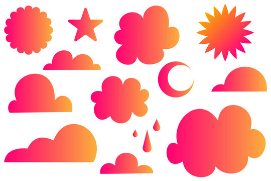 Gradient abstract shape set. Colorful blob, cloud, flower, moon and star icons. Modern aesthetic design elements for social media, stickers, branding, posters. High-res PNG, transparent background