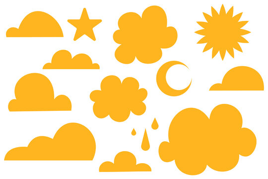 Yellow weather icon set. Cloud, sun, moon, rain symbols collection for forecast apps, social media, planners, scrapbooking, children art, stickers, UI design. High-res PNG, transparent background