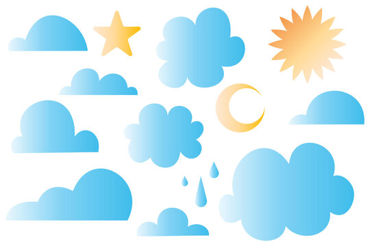 Smooth pastel gradients weather icon set PNG. Cloud, sun, moon, star and rain symbols collection for forecast apps, UI, planners, stickers, branding, social media design. High-res PNG, transparent