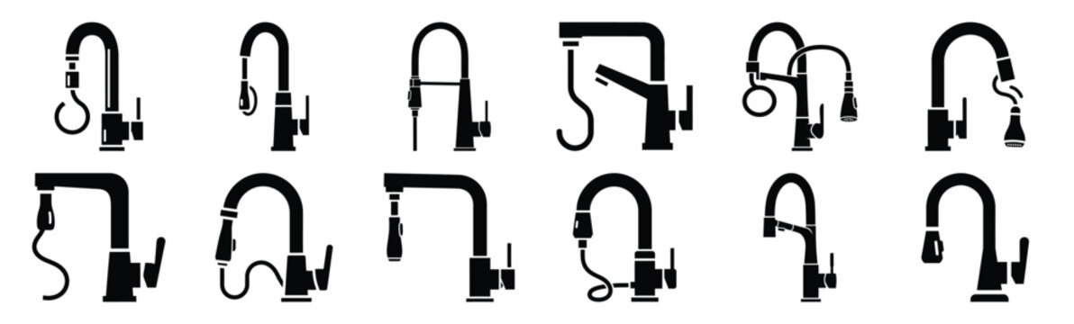 Minimalist pull down kitchen faucet silhouette icon set. Collection of Kitchen silhouette vector icons illustration.