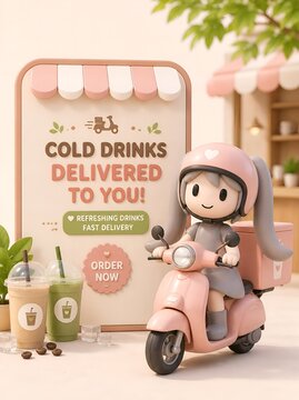 Cute pastel 3D character delivering cold drinks on scooter fast delivery concept