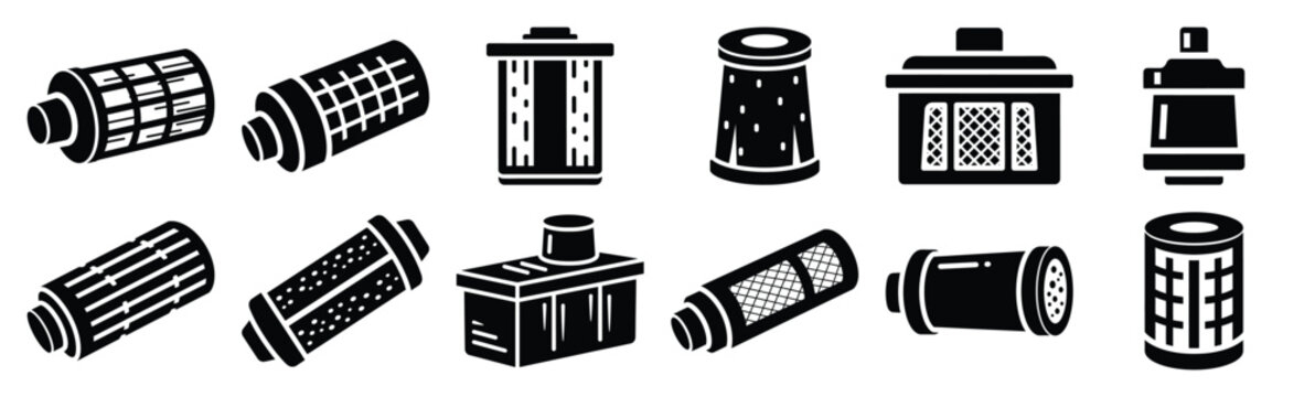 Minimalist refrigerator carbon filter silhouette icon set. Collection of Kitchen silhouette vector icons illustration.