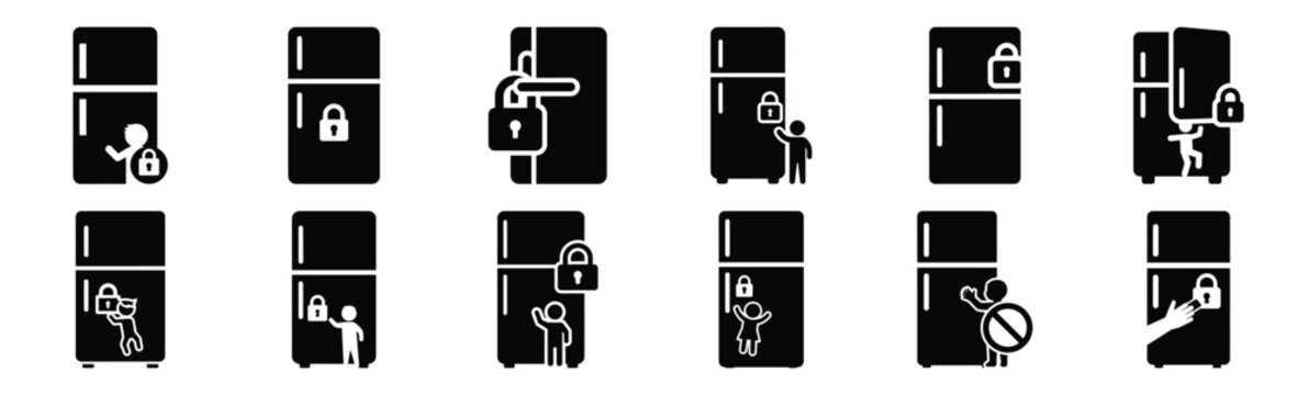 Minimalist refrigerator child safety mode silhouette icon set. Collection of Kitchen silhouette vector icons illustration.