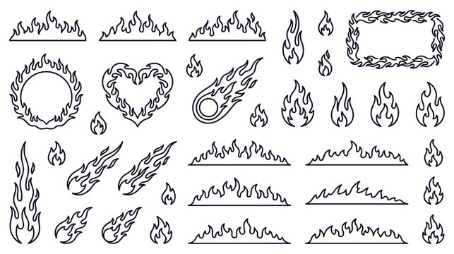 Flame borders and fire sparks outline silhouette elements pack.