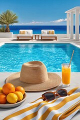 Obraz premium Sunlit poolside terrace with sunhat, sunglasses and orange juice overlooking the ocean